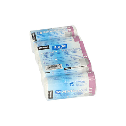 Quattro rotoli Starpak 100 sacchetti per rifiuti cosmetici LDPE 5l (44x36 cm, bianco) sono impilati, ogni rotolo contiene 25 sacchetti. Etichette blu e viola mostrano informazioni sul prodotto e sull'uso. I sacchetti sono fatti di pellicola LDPE per rifiuti cosmetici. Marca: Starpak.
