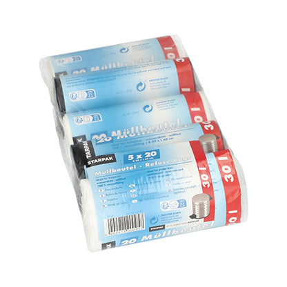 La confezione Starpak 100 sacchi per rifiuti contiene 100 sacchi per rifiuti in HDPE (30 l, 60 cm x 50 cm), assortiti per colore, con informazioni sul prodotto sull'etichetta blu e rossa.