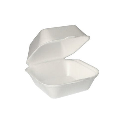 Una scatola per hamburger Starpak XPS bianca (7,5 x 12 x 12 cm) con coperchio a cerniera, aperta su uno sfondo semplice. La confezione contiene 100 scatole sigillate.