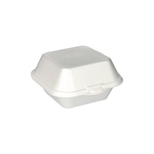 Un contenitore per alimenti Starpak 100 scatole per hamburger con coperchio a cerniera (XPS, 7,5 x 12 x 12 cm, bianco) è raffigurato chiuso su uno sfondo bianco semplice.