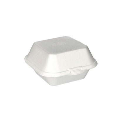 Un contenitore per alimenti Starpak 100 scatole per hamburger con coperchio a cerniera (XPS, 7,5 x 12 x 12 cm, bianco) è raffigurato chiuso su uno sfondo bianco semplice.