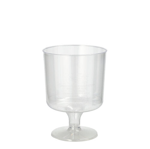 Un set di 10 bicchieri da vino rosso in PS trasparente di Starpak (0,2 l, 7,2 cm Ø, 10 cm di altezza) con stelo corto e base rotonda, raffigurati in posizione verticale su uno sfondo bianco semplice, confezionati in pellicola termoretraibile.