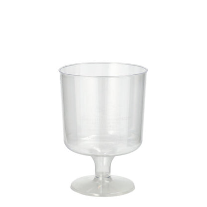 Un set di 10 bicchieri da vino rosso in PS trasparente di Starpak (0,2 l, 7,2 cm Ø, 10 cm di altezza) con stelo corto e base rotonda, raffigurati in posizione verticale su uno sfondo bianco semplice, confezionati in pellicola termoretraibile.