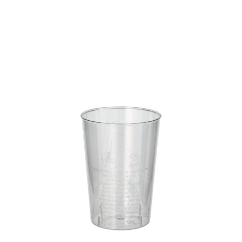 Un bicchiere trasparente Starpak 40 (PS, 0,1l, Ø 5,5cm · 7,5cm) si trova su uno sfondo bianco. Sulla pellicola termoretraibile sono visibili dettagli di testo leggeri - ideale per feste ed eventi (40 pezzi).