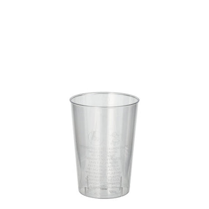 Un bicchiere trasparente Starpak 40 (PS, 0,1l, Ø 5,5cm · 7,5cm) si trova su uno sfondo bianco. Sulla pellicola termoretraibile sono visibili dettagli di testo leggeri - ideale per feste ed eventi (40 pezzi).