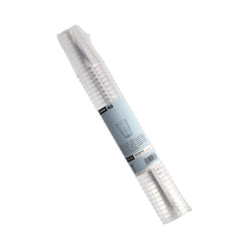 Una pila trasparente con 40 bicchieri Starpak (PS, 0,1 L, Ø5,5 x 7,5 cm), trasparente e confezionata in pellicola termoretraibile con etichetta blu - ideale per feste ed eventi.