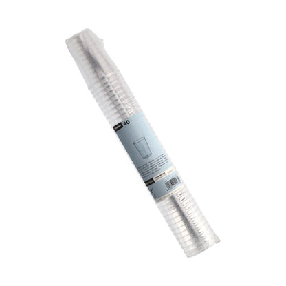 Una pila trasparente con 40 bicchieri Starpak (PS, 0,1 L, Ø5,5 x 7,5 cm), trasparente e confezionata in pellicola termoretraibile con etichetta blu - ideale per feste ed eventi.