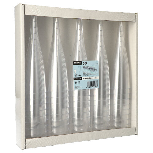Eine Packung mit 50 Starpak Stiel-Gläsern für Sekt (PS, 0,1 l, Ø 5 cm, 17,5 cm) wird in einer Pappschale mit durchsichtiger Vorderseite und sichtbarem Mitteletikett im glasklaren Design präsentiert.