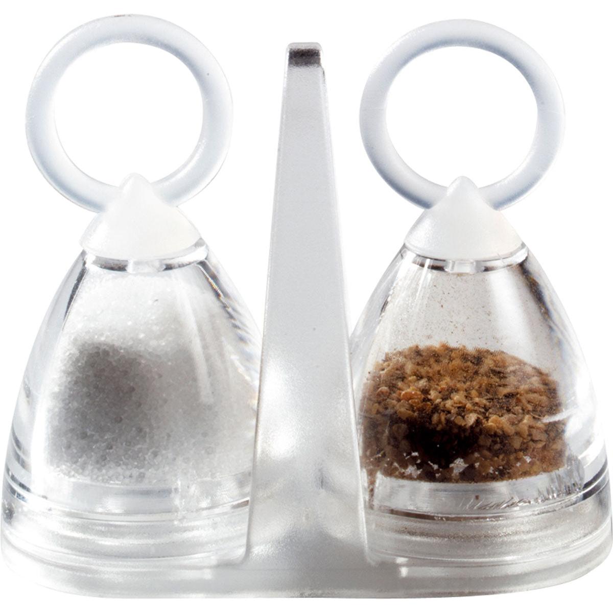 Il set sale/pepe di Duni GmbH (50x30x50 mm) è composto da contenitori in PS trasparente, pratici manici rotondi e supporto abbinato - ideale per la gastronomia. Unità di confezionamento: 220 pezzi.