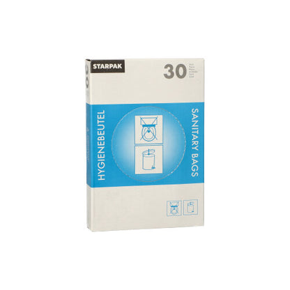 La scatola dispenser Starpak contiene 30 sacchetti igienici bianchi (28,5 x 8 x 7 cm) con confezione blu-bianca, la scritta "SACCHETTI IGIENICI" e "SANITARY BAGS", con istruzioni e immagini di cestini sulla parte anteriore.