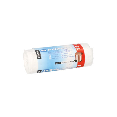 Un rotolo con 40 sacchetti per rifiuti Starpak HDPE bianchi (18 l, 52 cm x 46 cm) ha una fascetta blu-rossa con dettagli del prodotto e una piccola immagine di un bidone della spazzatura.