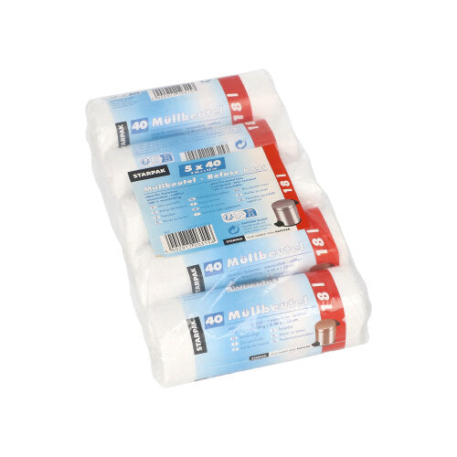 Impilati ci sono quattro rotoli di 40 sacchetti per rifiuti Starpak bianchi (HDPE, 18L, 52x46 cm), ciascuno con confezione tedesca blu-rossa, che mostra un bidone della spazzatura argentato, etichettato con "40 sacchetti per rifiuti" e realizzato in materiale HDPE resistente.