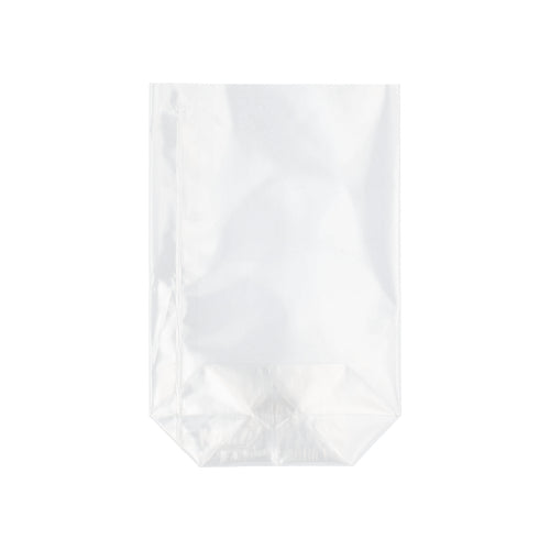 Il sacchetto Starpak 300 in PP trasparente con fondo piatto è in piedi su uno sfondo bianco.