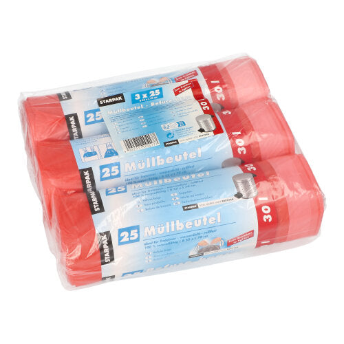 Tre rotoli di sacchetti per rifiuti Starpak 75 con coulisse, sacchi HDPE rossi (30 l, 70 x 55 cm), ogni rotolo con un'etichetta blu-bianca con la scritta “Sacchetti per rifiuti” e immagini di bidoni della spazzatura, in totale 75 sacchetti per confezione.
