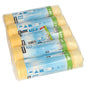 Una confezione Starpak avvolta in plastica contiene 100 sacchi gialli della spazzatura con coulisse (HDPE, 60 l, 71 x 64 cm), suddivisi in cinque rotoli da 20 sacchi ciascuno. Le etichette contengono istruzioni e dettagli del prodotto in più lingue per un facile utilizzo e stabilità.