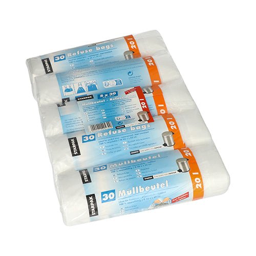 Quattro rotoli di sacchetti per rifiuti Starpak 150 con coulisse, HDPE 20L (55x48cm) trasparenti, sono impilati uno sopra l'altro. L'etichetta blu e bianca di ogni rotolo mostra "150 pezzi", immagini di bidoni della spazzatura, istruzioni d'uso e indica lo smaltimento igienico dei rifiuti.