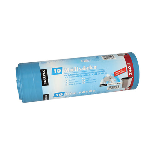 Un rotolo di sacchi per rifiuti Starpak 10, LDPE (240 L), in confezione blu con testo multilingue, immagini di bidoni e sacchi - ideale per uno smaltimento affidabile dei rifiuti. Marca: Starpak.