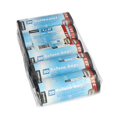 Una confezione di plastica contiene cinque rotoli di sacchetti per rifiuti Starpak 100, HDPE 35 l, 69x55 cm, neri. La confezione blu e bianca contiene informazioni sul prodotto in tedesco e inglese.