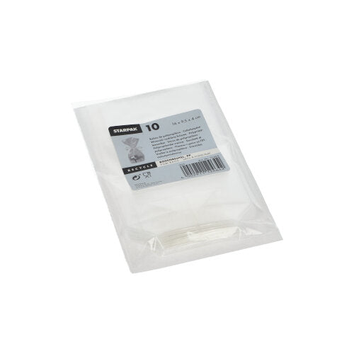 Una confezione di plastica trasparente con 10 sacchetti Starpak trasparenti (PP), ciascuno 14 x 10 x 4,4 cm, raffigurata su una superficie bianca - ideale per il confezionamento trasparente di alimenti.