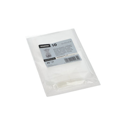 Una confezione di plastica trasparente con 10 sacchetti Starpak trasparenti (PP), ciascuno 14 x 10 x 4,4 cm, raffigurata su una superficie bianca - ideale per il confezionamento trasparente di alimenti.