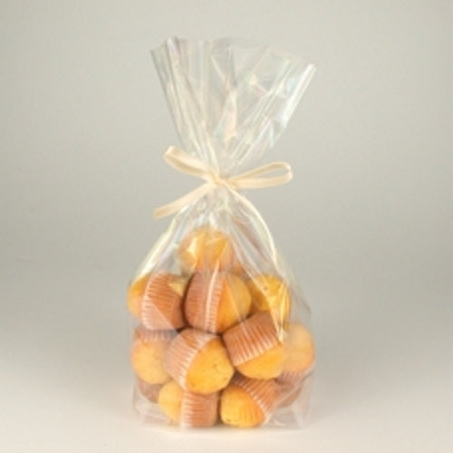I sacchetti Starpak 10 in PP trasparente contengono piccoli muffin gialli in pirottini di carta marrone, sono chiusi con un nastro chiaro e disposti su uno sfondo semplice.