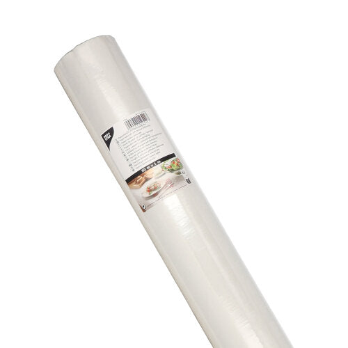 Un rotolo di tovaglia di carta PAPSTAR con goffratura damascata 50 m x 1 m della PAPSTAR GmbH, avvolto con un'etichetta con dettagli del prodotto, elegante goffratura damascata e immagini di cibo festivo per occasioni speciali.