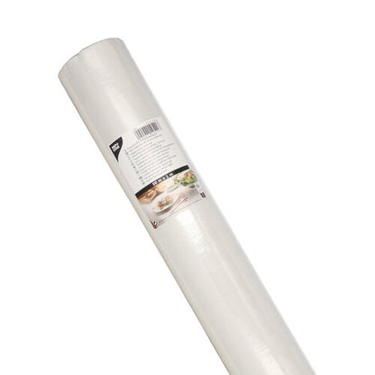 Un rotolo di tovaglia di carta PAPSTAR con goffratura damascata 50 m x 1 m della PAPSTAR GmbH, avvolto con un'etichetta con dettagli del prodotto, elegante goffratura damascata e immagini di cibo festivo per occasioni speciali.