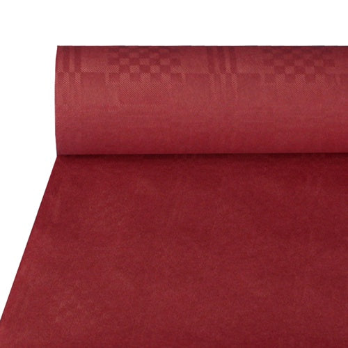 La tovaglia di carta con goffratura damascata (50 m x 1 m) della PAPSTAR GmbH in rosso con un discreto motivo a quadri viene parzialmente srotolata e presentata piatta - ideale per occasioni festive.