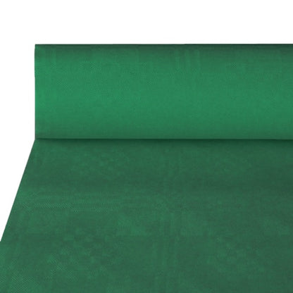 Una tovaglia di carta PAPSTAR parzialmente srotolata con goffratura damascata (50 m x 1 m) della PAPSTAR GmbH mostra il suo elegante motivo, perfetto per occasioni festive e una decorazione da tavola di classe.