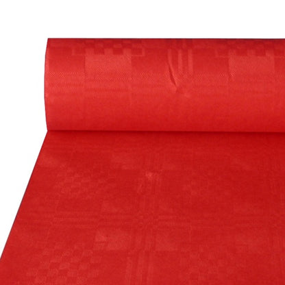La tovaglia di carta con goffratura damascata (50 m x 1 m) della PAPSTAR GmbH presenta una superficie strutturata rossa con un design geometrico discreto, ideale per occasioni festive e facile da stendere sui tavoli.