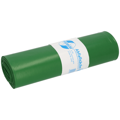 Un rotolo di sacchi della spazzatura DEISS 575x1000x0,06 mm in LDPE riciclato 70 l di EMIL DEISS KG (GmbH + Co.) con un'etichetta bianco-blu con testo e grafica, posizionata ordinatamente su uno sfondo bianco semplice.