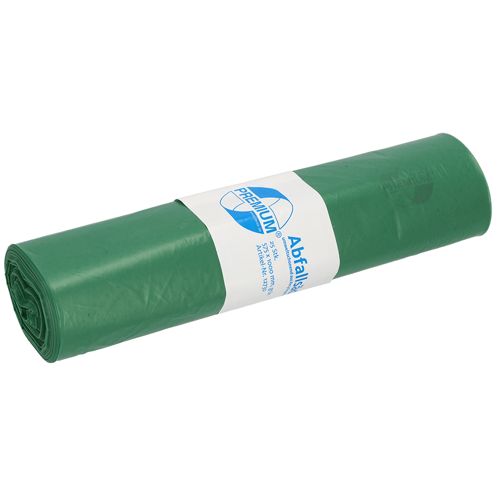 Un rotolo di sacchi per rifiuti in plastica verde DEISS 12730 (575x1000 mm, 25 pezzi) di EMIL DEISS KG (GmbH + Co.), con un'etichetta bianco-blu con testo, logo e informazioni sul prodotto, avvolta al centro.