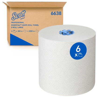 Un grande asciugamano a rotolo Scott® Essential™ 6638 a rotolo grande (a 1 strato) della Kimberly-Clark GmbH con un'etichetta blu "6" si trova davanti a una scatola marrone con la scritta "Professional Essential White Roll Towel" e "6638".