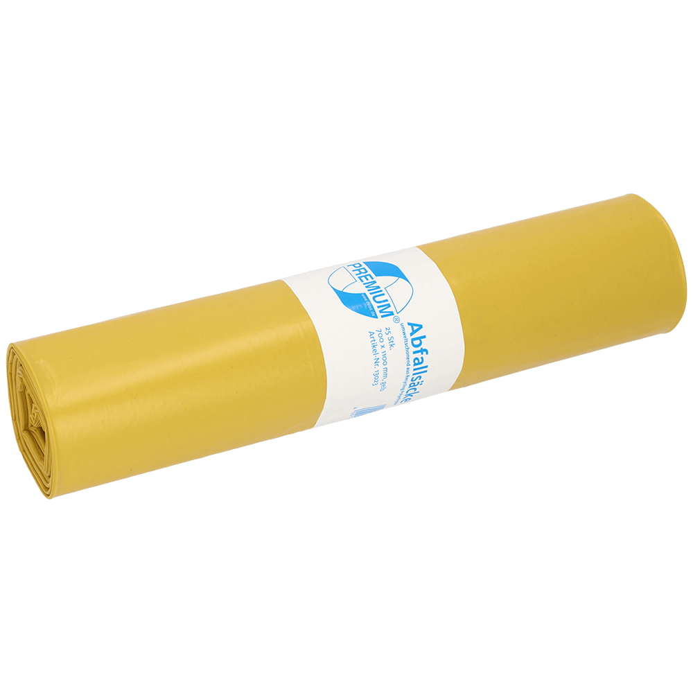 Nell'immagine è rappresentato un rotolo giallo di sacchi per rifiuti DEISS 13023 (700x1100 mm, Tipo 60, 25 pezzi) della EMIL DEISS KG (GmbH + Co.), con un'etichetta bianco-blu al centro, su sfondo bianco.