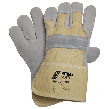 NITRAS SPLIT STAR+, guanti in crosta di mucca, colore naturale/grigio, cotone EN 388 | Confezione (12 paia)