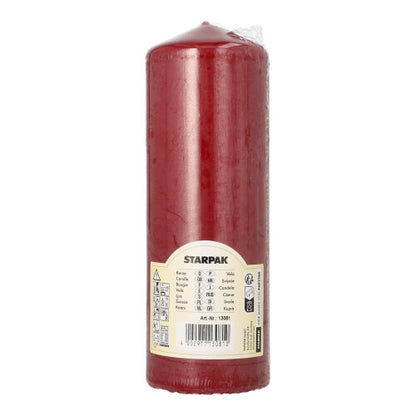 Die Starpak Stumpenkerze Ø 70 mm, 200 mm ist zylindrisch, hat einen flachen Boden, ist in Klarsichtfolie verpackt und trägt vorne ein beiges Etikett – ideal als Wohnzimmerdekoration dank extra langer Brenndauer.