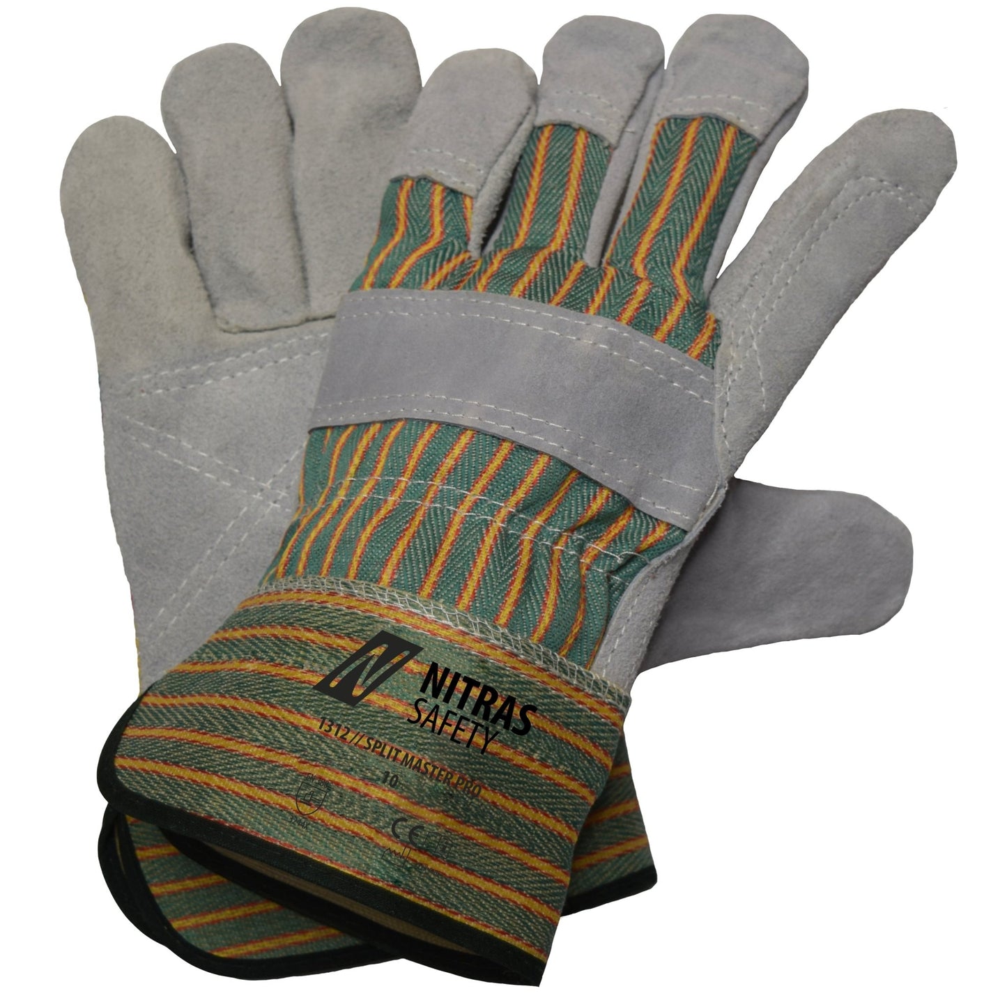 NITRAS SPLIT MASTER PRO, guanti in crosta di mucca, rigato verde/rosso/giallo/grigio, cotone EN 388 | Confezione (12 paia)