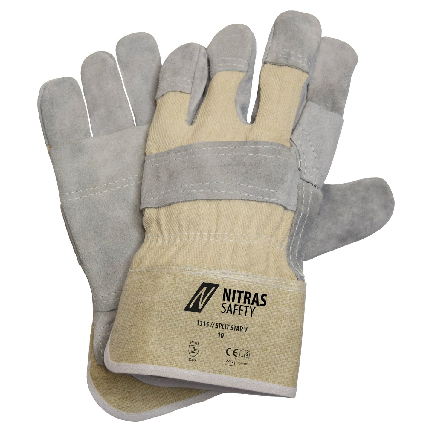 NITRAS SPLIT STAR V, guanti in crosta di mucca, colore naturale/grigio, cotone EN 388 | Confezione (12 paia)