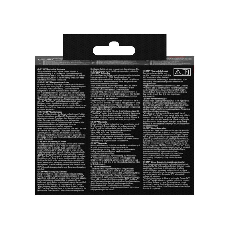 La maschera antipolvere 3M™ Cool Flow™ 8822, FFP2, con valvola di 3M Deutschland GmbH viene fornita in una confezione nera con istruzioni multilingue bianche, un gancio per appendere in alto e due simboli di avvertimento con bordo rosso nell'angolo in alto a destra.