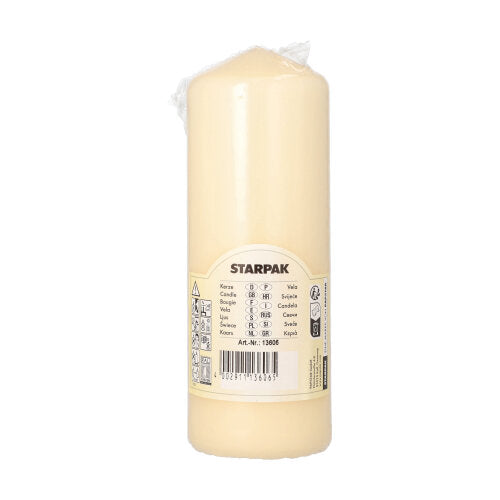 Una candela a colonna cilindrica, bianco crema Starpak (Ø 60 mm, 165 mm) con durata di combustione extra lunga, confezionata in pellicola trasparente. L'etichetta riporta la scritta "Starpak" e dettagli del prodotto in più lingue.