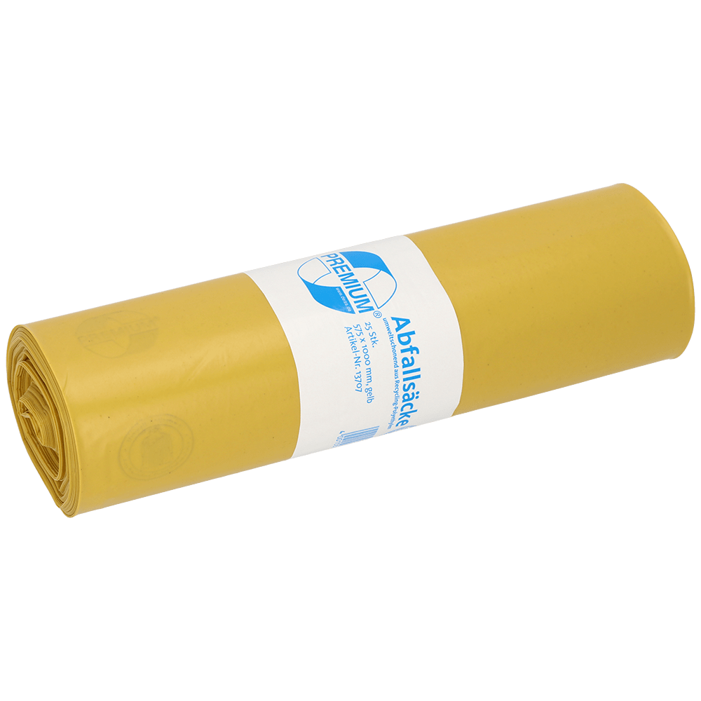 Un rotolo di sacchi della spazzatura DEISS gialli 575x1000x0,06 mm in LDPE riciclato 70 l di EMIL DEISS KG (GmbH + Co.) è confezionato con un'etichetta bianco-blu con informazioni sul prodotto e branding.