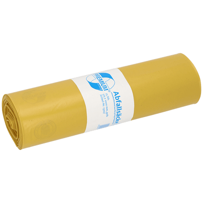 Un rotolo di sacchi della spazzatura DEISS gialli 575x1000x0,06 mm in LDPE riciclato 70 l di EMIL DEISS KG (GmbH + Co.) è confezionato con un'etichetta bianco-blu con informazioni sul prodotto e branding.