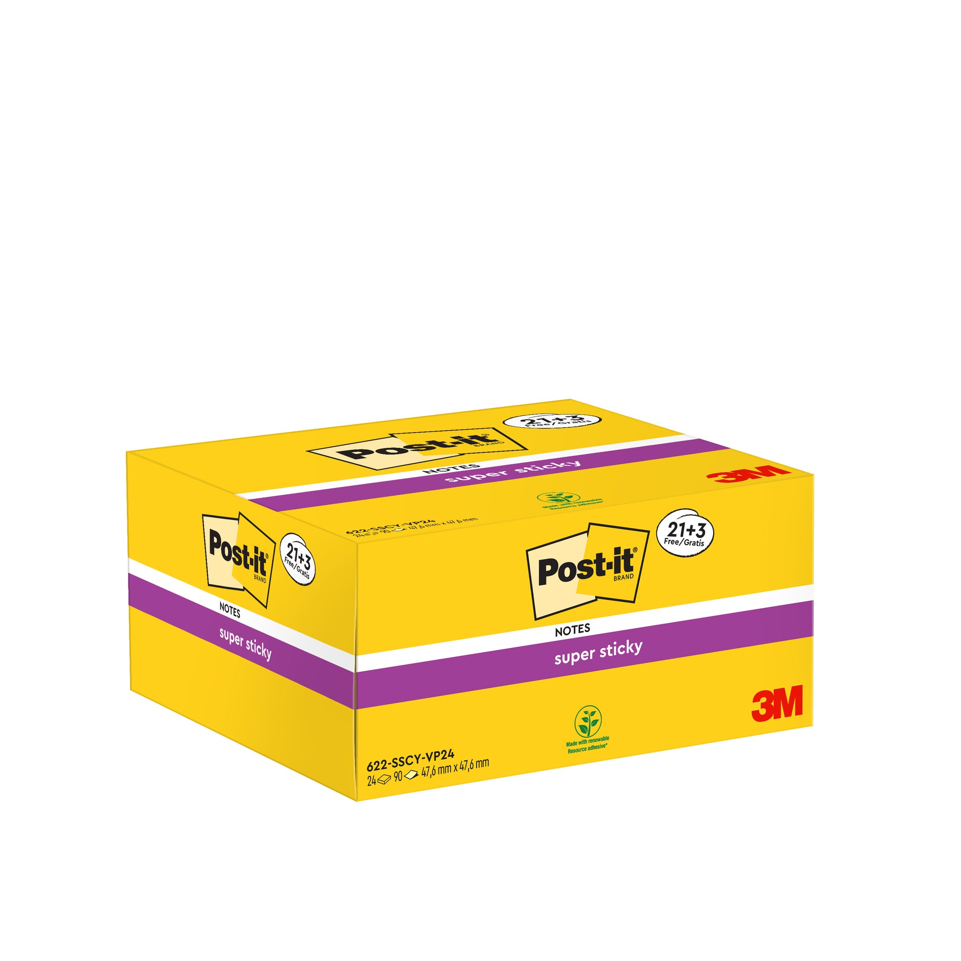 Eine gelbe Packung Post-it® Super Sticky Notes von 3M Deutschland GmbH (47,6 mm x 47,6 mm), 21 Blöcke + 3 Gratisblöcke mit je 90 Blatt, beschriftet mit "Promotion"; hergestellt aus 100% PEFC-zertifiziertem Papier (SGSCH-PEFC-COC-110078).