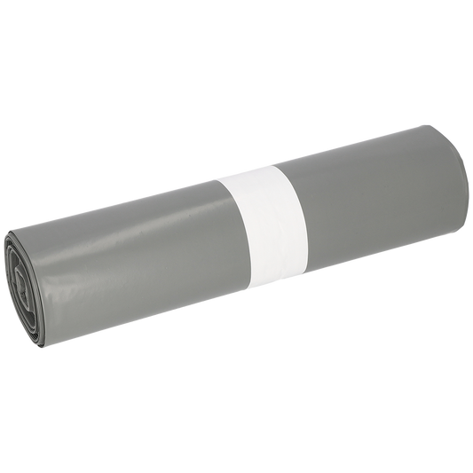 Eine Rolle der EMIL DEISS KG (GmbH + Co.) DEISS 14005 - 700x1100x0,06 mm grau Müllsäcke (25 Stück) mit weißem Papierband liegt auf weißem Hintergrund-perfekt für Verpackung und Versand dank robuster Folienrolle.