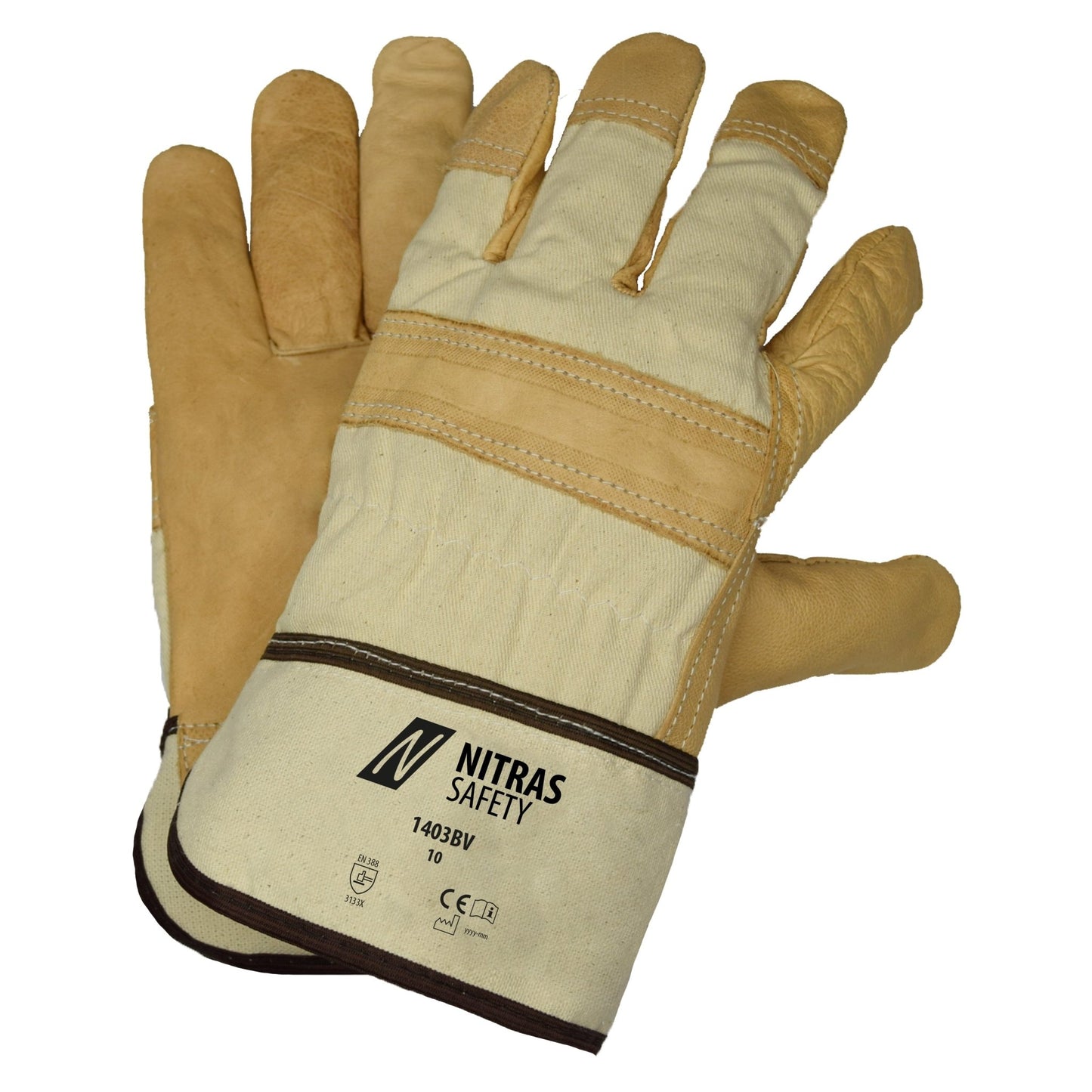 Guanti NITRAS in pelle bovina pieno fiore, colore naturale/marrone, cotone EN 388 | Confezione (12 paia)