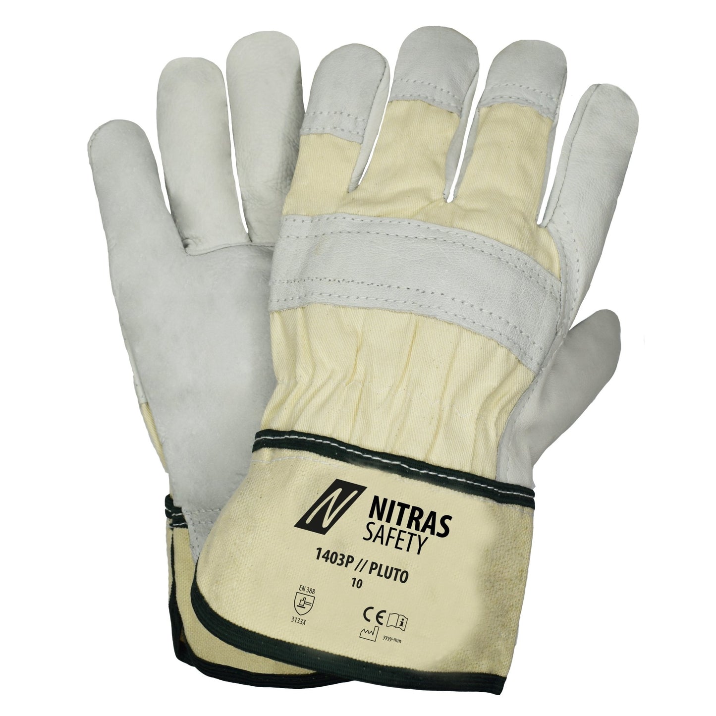 NITRAS PLUTO, guanti in pelle bovina pieno fiore, colore naturale/grigio, cotone EN 388 | Confezione (12 paia)