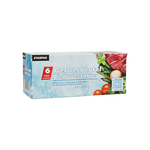 Starpak 45 Gefrierbeutel, LLDPE, 6l (46cm x 30cm), transparent, in Faltschachtel. Die Verpackung zeigt Gemüse und rohes Fleisch sowie deutschen und niederländischen Text. Enthält 45 Beutel zur Gefrierschrankaufbewahrung.