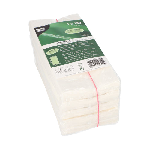 Eine Packung mit 500 PAPSTAR Butterbrotbeuteln fettdicht (21x10x3 cm, weiß) der PAPSTAR GmbH, verpackt in Schrumpffolie mit grün-weißem Etikett mit Produkt- und Recyclingangaben - perfekt für Snacks und Sandwiches.