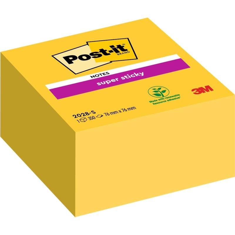 I Post-it® Super Sticky Notes Cubo in Giallo di 3M Deutschland GmbH hanno 350 fogli (76 mm x 76 mm) e un imballaggio ecologico.