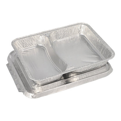 Das Starpak 50 Menüschalen + Deckel, Alu-Set beinhaltet geteilte und ungeteilte glänzende Aluminiumschalen mit erhöhtem Rand, perfekt für den Foodservice im Gastronomiebereich.
